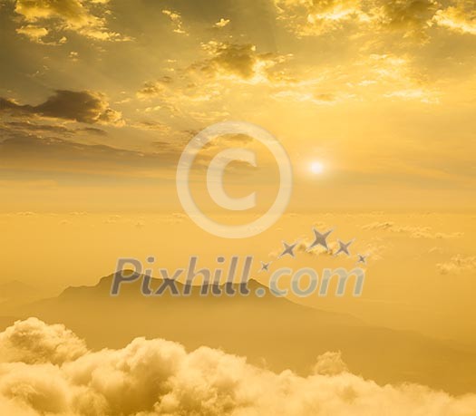 Mountains in cloud on sunset. Tamil Nadu, India