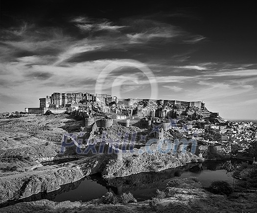Mehrangarh Fort and Padamsar Talab and Ranisar Talab lakes , Jodhpur, Rajasthan, India. Black and white