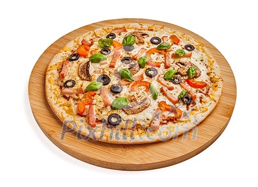 Ham pizza with capsicum, mushrooms, olives and basil leaves isolated on white