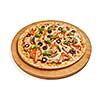 Ham pizza with capsicum, mushrooms, olives and basil leaves isolated on white