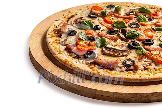 Ham pizza with capsicum, mushrooms, olives and basil leaves isolated on white