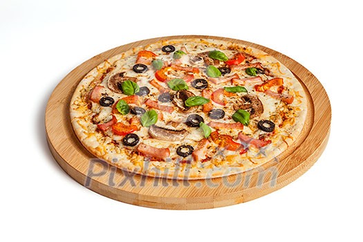 Ham pizza with capsicum, mushrooms, olives and basil leaves isolated on white Ham pizza with capsicum, mushrooms, olives and basil leaves isolated on white