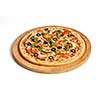 Ham pizza with capsicum, mushrooms, olives and basil leaves isolated on white