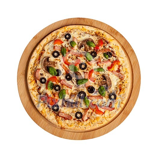 Ham pizza with capsicum, mushrooms, cherry tomatoes,  olives and basil leaves isolated on white top view