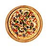 Ham pizza with capsicum, mushrooms, cherry tomatoes,  olives and basil leaves isolated on white top view