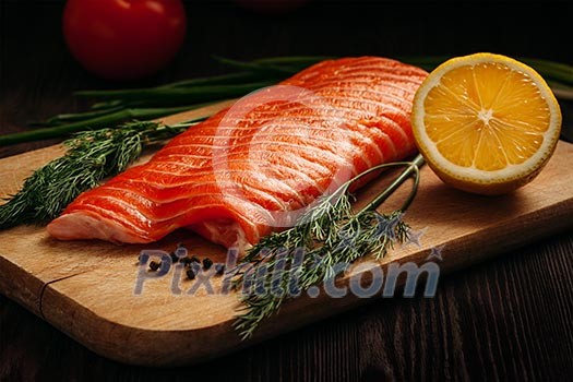 Fresh salmon piece on wooden cooking board with vegetables Fresh salmon piece on wooden cooking board with vegetables