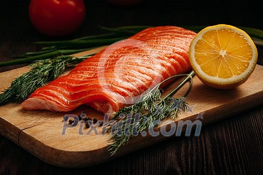 Fresh salmon piece on wooden cooking board with vegetables