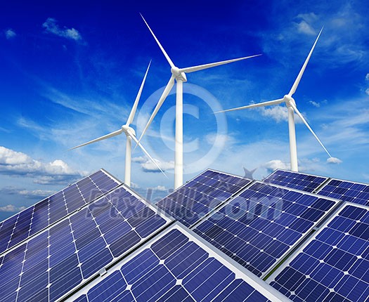 Green alternative energy and environment protection ecology concept - solar battery panels and wind generator turbines against blue sky Green alternative energy and environment protection ecology concept - solar battery panels and wind generator turbines against blue sky