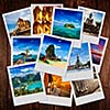 Thai travel tourism concept design - collage of Thailand images on wooden background