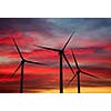 Green renewable energy concept - wind generator turbines in sky on sunset