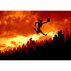 Silhouette of businesswoman jumping above city against sunset background
