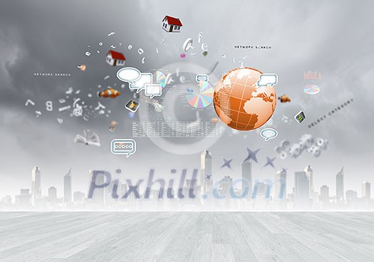 Background image with various items flying in air Background image with various items flying in air