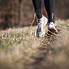 Jogging outdoors in a meadow (shallow dof, focus on the running shoe)