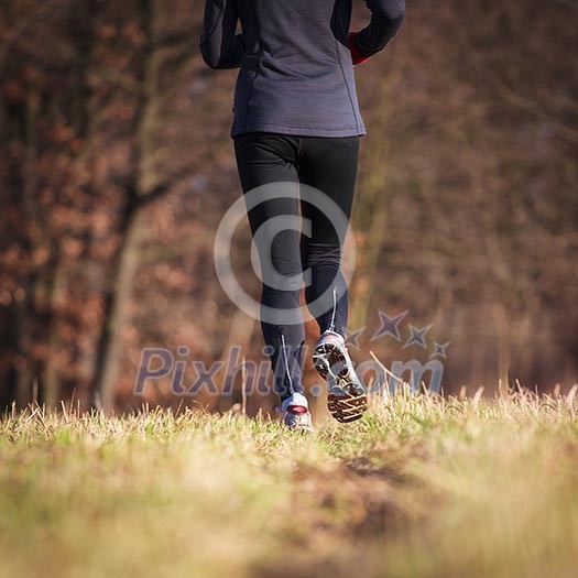 Jogging outdoors in a meadow (shallow dof, focus on the running shoe) Jogging outdoors in a meadow (shallow dof, focus on the running shoe)
