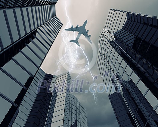 Bottom view of airplane flying above skyscrapers Bottom view of airplane flying above skyscrapers