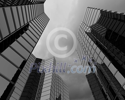 Bottom image of skyscraper with thunder lightning in sky