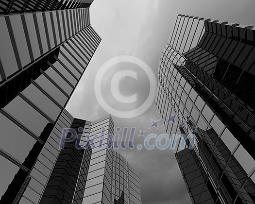 Bottom image of skyscraper with thunder lightning in sky Bottom image of skyscraper with thunder lightning in sky