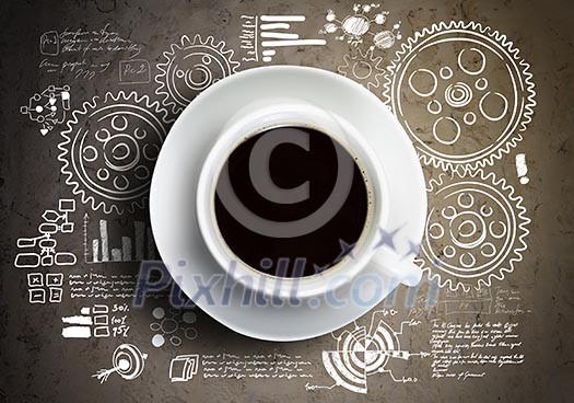 Close up of cup of coffee on table with sketches on background Close up of cup of coffee on table with sketches on background