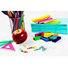 Colored pencils plasticine papers and other school items