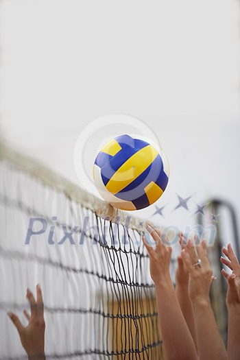 volleyball game sport with group of young beautiful girls indoor in sport arena school gym