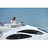 Romantic young couple spending time together and relaxing on yacht