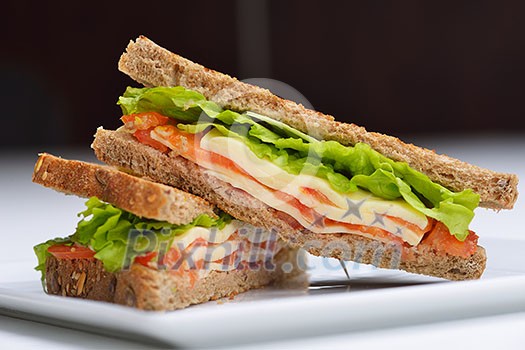 fresh sandwich close up with vegetables and meat fish isolated on white background