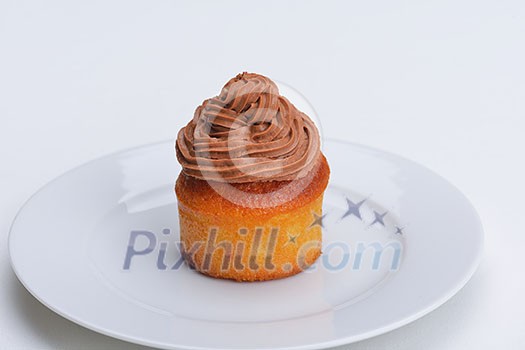 muffin with chocolate sauce dessert isolated on white background muffin with chocolate sauce dessert isolated on white background