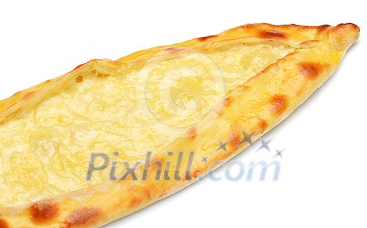 Homemade traditional Turkish meal pide stuffed with meat cheese, and sauce isolated on white background Homemade traditional Turkish meal pide stuffed with meat cheese, and sauce isolated on white background