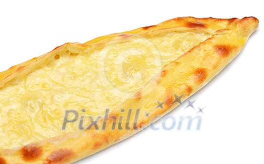 Homemade traditional Turkish meal pide stuffed with meat cheese,  and sauce isolated on white background