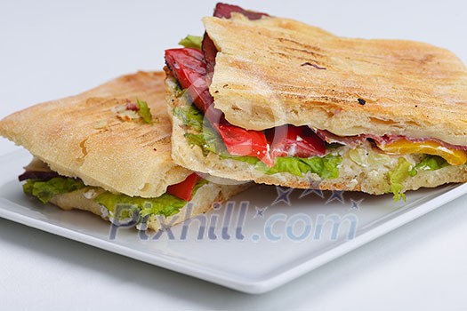 fresh sandwich close up with vegetables and meat fish isolated on white background