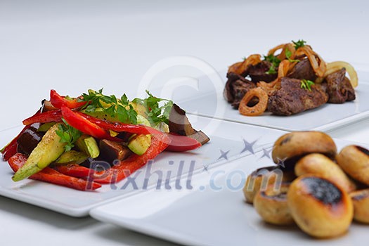 grilled fresh meat and vegetables organic healthy food isolated on white background grilled fresh meat and vegetables organic healthy food isolated on white background