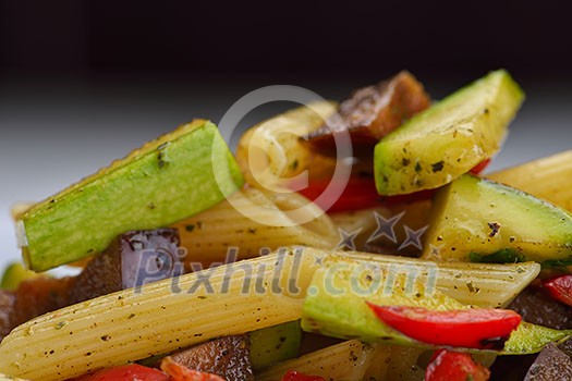 Pasta with shrimps, herbs and mashrooms isolated on white background in studio Pasta with shrimps, herbs and mashrooms isolated on white background in studio