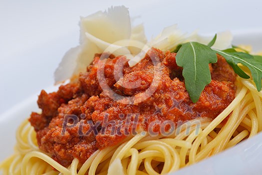 Italian spaghetti topped with bolognaise, or bolognese, sauce with tomatoes, meat and cheese on a plain white plate