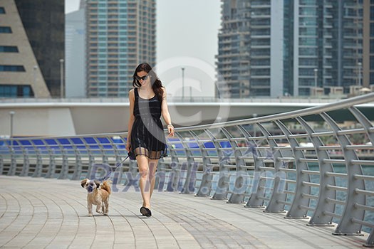 beautiful happy young  woman in black dress with cute small dog puppy have fun on street