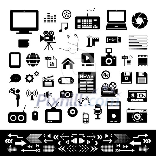 media and technology basic icon set 