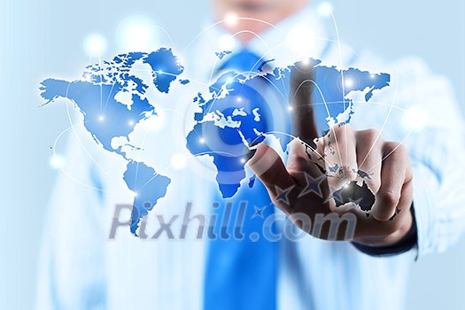 Chest view of businessman touching icon of media screen Chest view of businessman touching icon of media screen