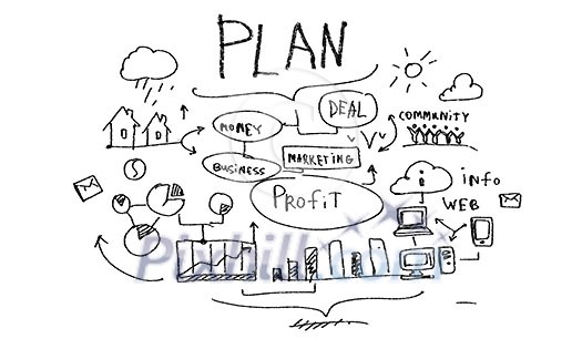 Background image with business sketches on white backdrop Background image with business sketches on white backdrop