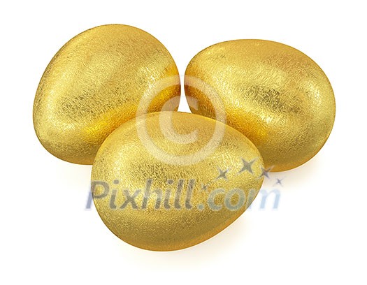Three golden Easter eggs isolated on white background