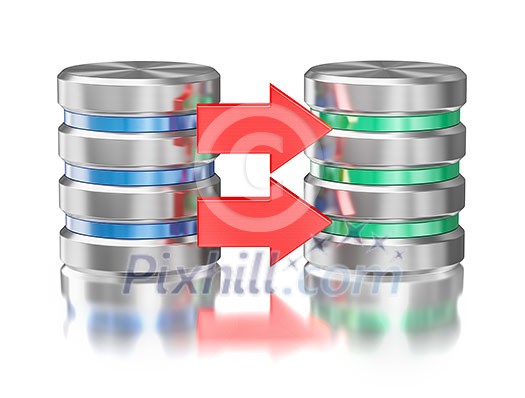 Creative database backup copy concept - metal hard disk drive database icons with arrow isolated on white Creative database backup copy concept - metal hard disk drive database icons with arrow isolated on white