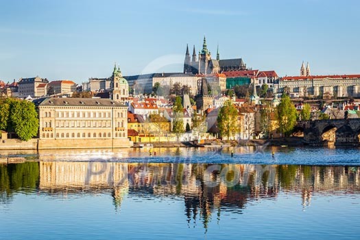 View of Mala Strana and Prague castle and St. Vitus Cathedral over Vltava river in the morning. Prague, Czech Republic