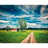 Vintage retro effect filtered hipster style image of rural road in summer meadow with wooden shed. Bavaria, Germany