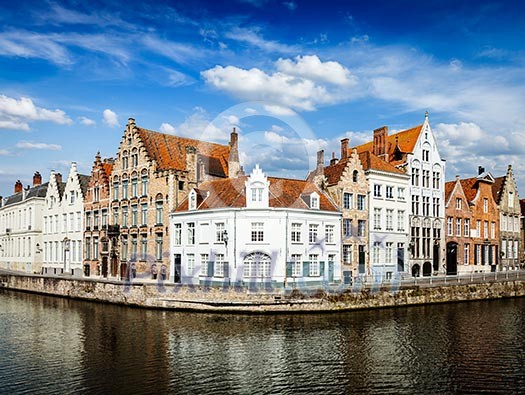 Benelux EuropeTravel  concept - Bruges canal and old historic houses of medieval architecture. Brugge, Belgium