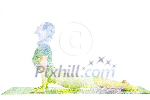 Nature harmony healthy lifestyle concept - double exposure image of woman doing yoga asana Upward Facing Dog Pose. Back Bend Urdhva Mukha Svanasana asana exercise isolated on white background Nature harmony healthy lifestyle concept - double exposure image of woman doing yoga asana Upward Facing Dog Pose. Back Bend Urdhva Mukha Svanasana asana exercise isolated on white background