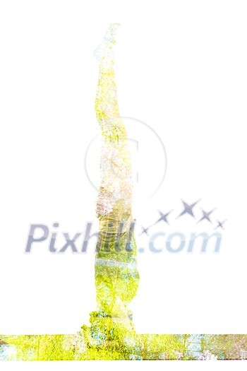 Nature harmony healthy lifestyle concept - double exposure image of woman doing yoga asana headstand sirsasana pose exercise isolated on white background Nature harmony healthy lifestyle concept - double exposure image of woman doing yoga asana headstand sirsasana pose exercise isolated on white background