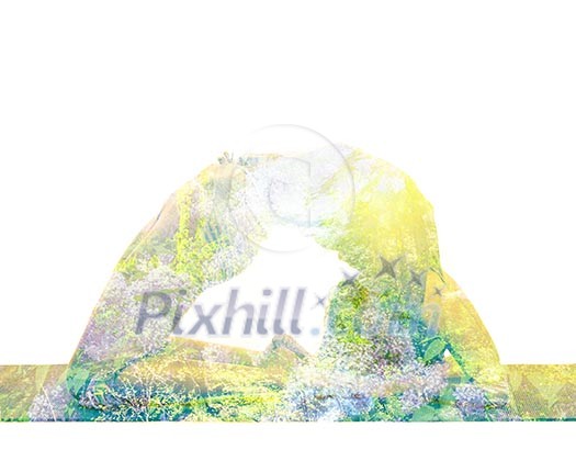 Nature harmony healthy lifestyle concept - double exposure image of woman doing yoga asana Pigeon pose asana kapotasana exercise isolated on white background Nature harmony healthy lifestyle concept - double exposure image of woman doing yoga asana Pigeon pose asana kapotasana exercise isolated on white background