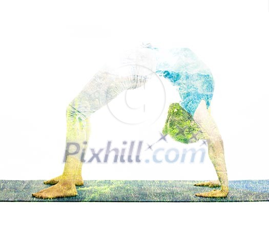 Nature harmony healthy lifestyle concept - double exposure image of woman doing yoga asana Upward Bow Pose intense backbend. Urdhva dhanurasana asana exercise isolated Nature harmony healthy lifestyle concept - double exposure image of woman doing yoga asana Upward Bow Pose intense backbend. Urdhva dhanurasana asana exercise isolated