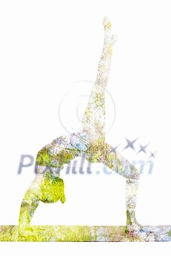 Nature harmony healthy lifestyle concept. Double exposure image of woman doing yoga asana One-legged Upward Bow Pose ekapada urdhva dhanurasana asana exercise isolated on white background Nature harmony healthy lifestyle concept. Double exposure image of woman doing yoga asana One-legged Upward Bow Pose ekapada urdhva dhanurasana asana exercise isolated on white background