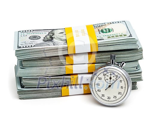 Time is money concept - stopwatch and stack of new 100 US dollars 2013 edition banknotes bills bundles isolated on white