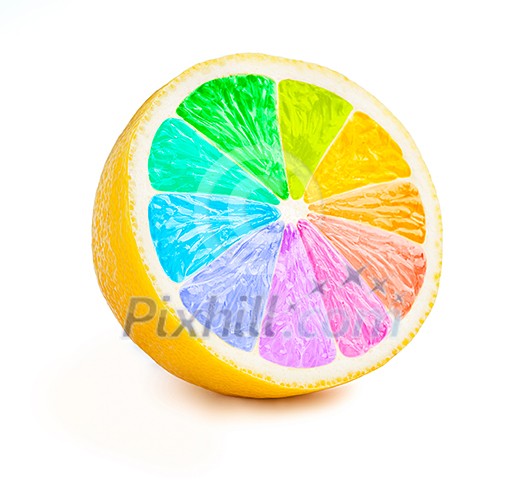 Lemon cut half slice with color wheel rainbow colors isolated on white background Lemon cut half slice with color wheel rainbow colors isolated on white background