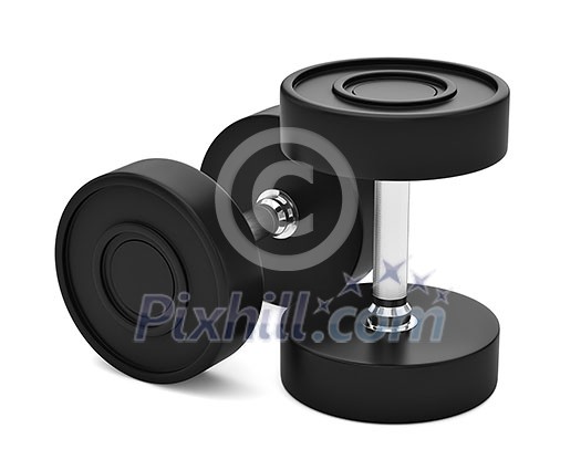 Professional grade poly urethane rubber coated dumbbels with chrome handles isolated on white. 3d render